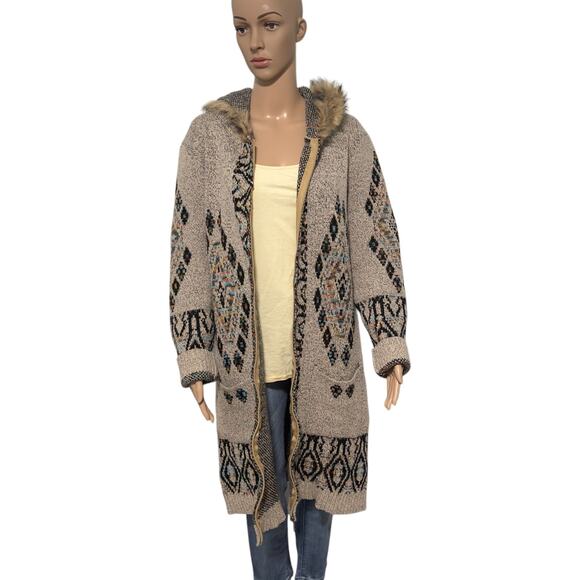 Anthropologie Beige Patterned Cardigan with Faux Fur Collar - Picture 3 of 14